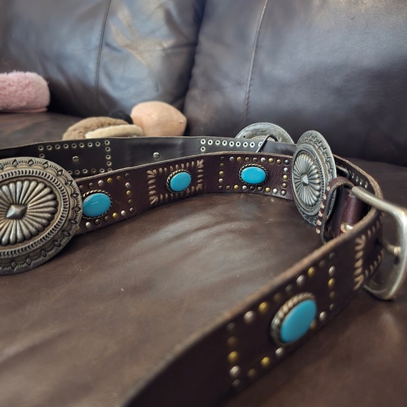 Johnny Was Turquoise/Leather Concho Belt Made in Italy M/L with 3 conches to put - Picture 2 of 13